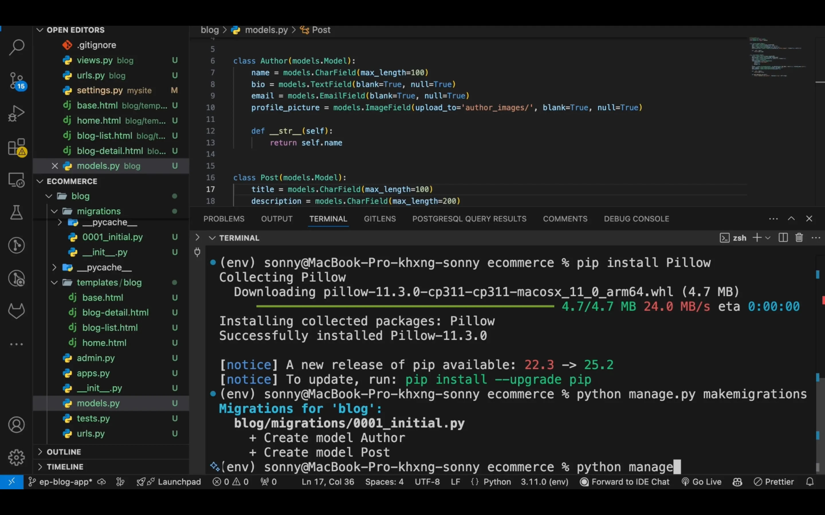 Python Django blog application development screen